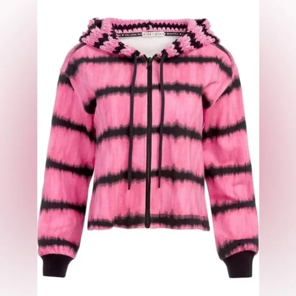 Alice + Olivia Crochet Hooded Tie Dyed Zip-up Hoodie- Cotton Blend - Sma… - Picture 3 of 12